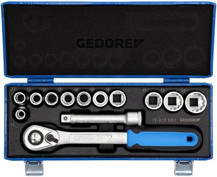 GEDORE Steckschlüsselsatz, Set 13tlg, 6-/12-kant, 1/2 Zoll, 10-24mm, Werkzeug, Knarre Umschalthebel,