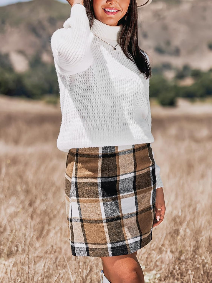CUPSHE Karierter Minirock, Klassischer Preppy-Stil Damenrock, Modischer Herbst-Winter Minirock, Brau