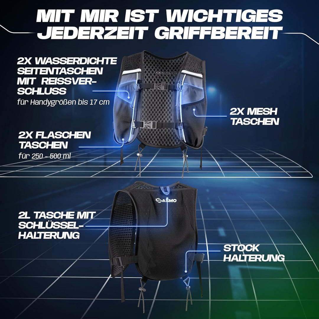 SASMO® Laufweste Damen & Herren 5L / 2L | Running Vest - Ultraleicht & atmungsaktiv| Laufrucksack Da