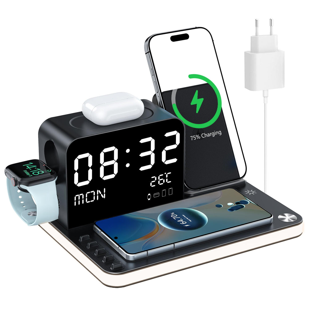 7-in-1 kabelloses Ladegerät mit Uhr, Temperatur &amp; Datum, kompatibel mit iPhone 17/16/15/14/13 Pro Ma