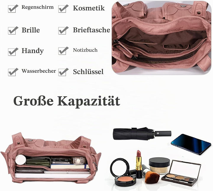 FANDARE Gross Schultertasche Damen Umhängetasche Frauen Vintage Schulranzen Wasserdicht PU Leder Wom