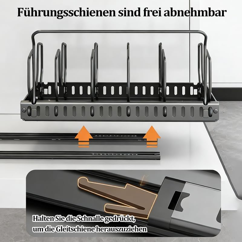 Topfdeckelhalter Ausziehbarer, Pfannenhalter für Schublade mit 12 Verstellbaren Teiler & Küchentuchh
