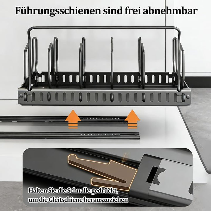 Topfdeckelhalter Ausziehbarer, Pfannenhalter für Schublade mit 12 Verstellbaren Teiler & Küchentuchh