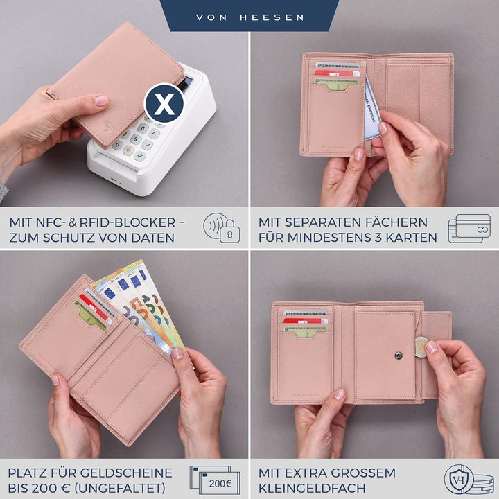 VON HEESEN Leder Geldbörse RFID Schutz I Echtleder Geldbeutel für Damen &amp; Herren I Portemonnaie Brie