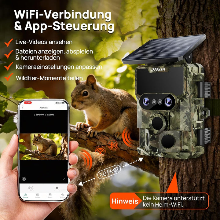 iZEEKER Wildkamera WLAN Duales Objektiv 4K 30fps 60MP, Wildtierkamera mit Sternenlicht Nachtsicht Be