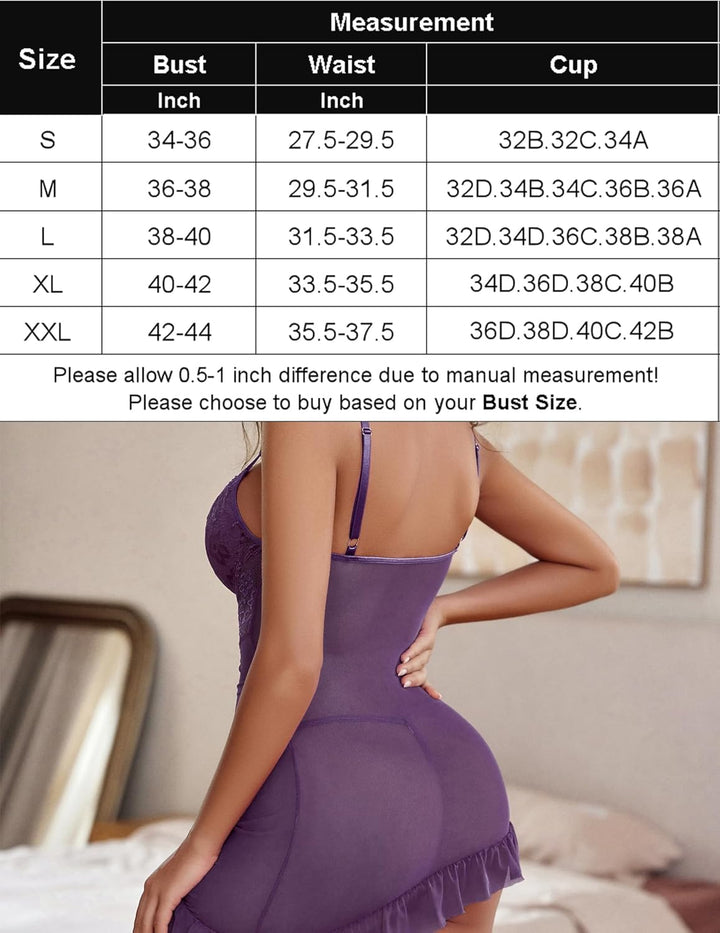 Avidlove Damen Spitze Body Kurz Kleid Sexy Dessous mit Bügel Mesh Nachthemd mit String Plissiertes B