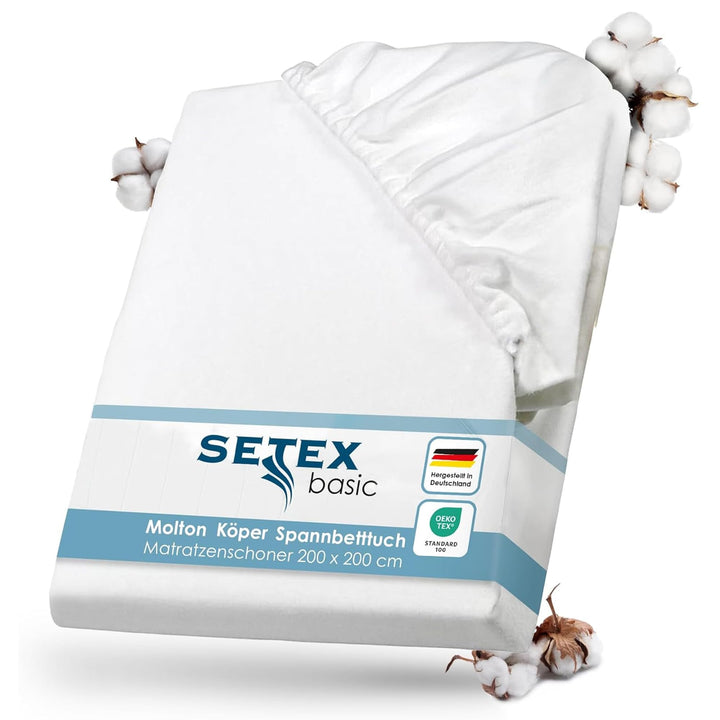 SETEX Molton Köper Matratzenschutz, 200 x 200 cm, Matratzenschoner aus 100 % Baumwolle, Basic, Weiss