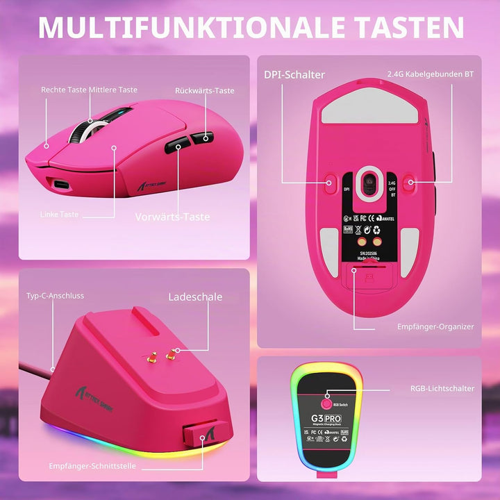 ATTACK SHARK G3PRO Kabellose Gaming-Maus mit Magnetischer Ladestation, PixArt PAW3311-Sensor, Bis zu