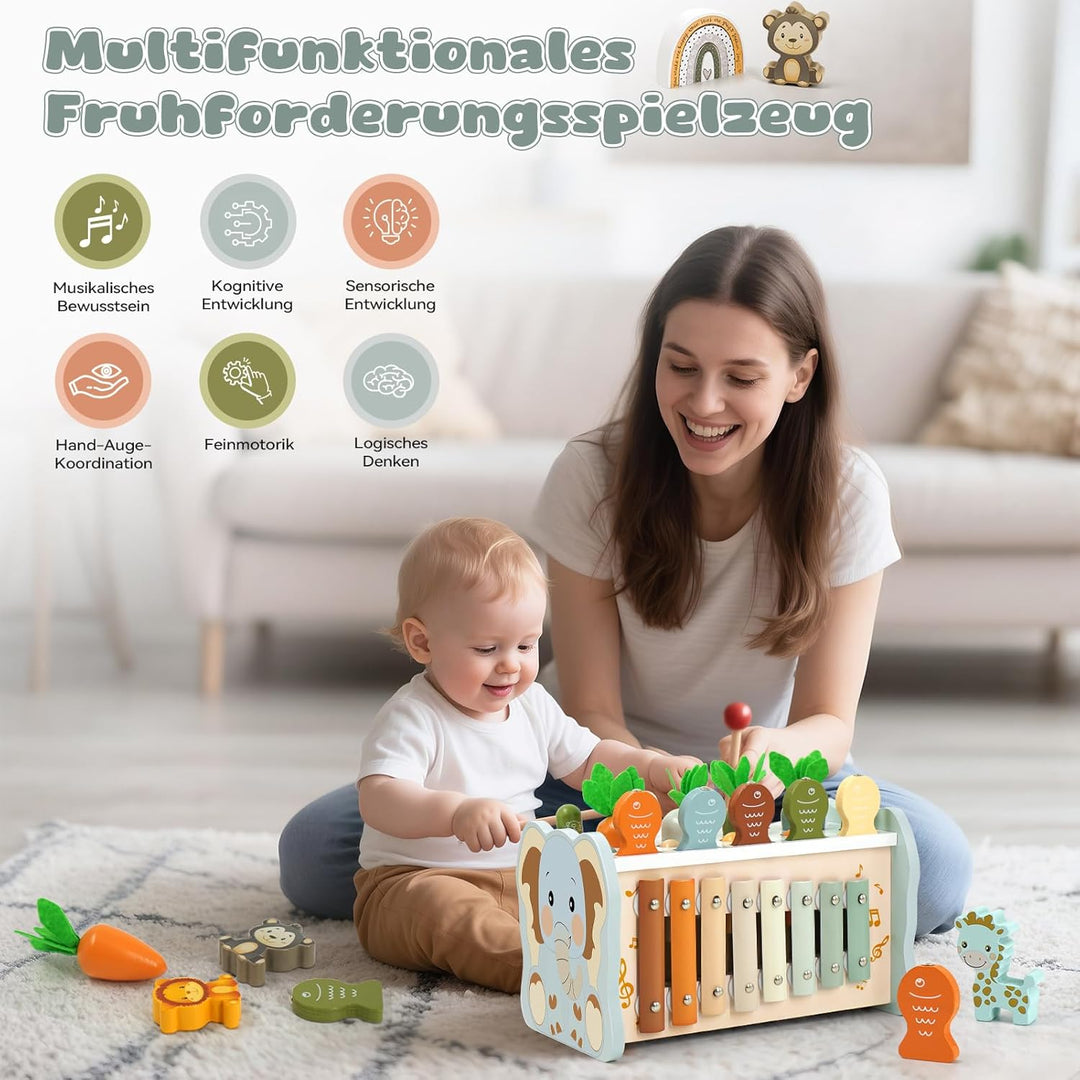 Montessori Spielzeug ab 1 Jahr, 6 in 1 Holzspielzeug ab 1 Jahr, Motorikspielzeug mit Hammerspiel Ang