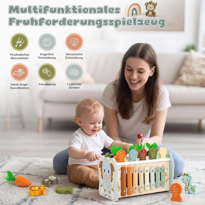 Montessori Spielzeug ab 1 Jahr, 6 in 1 Holzspielzeug ab 1 Jahr, Motorikspielzeug mit Hammerspiel Ang