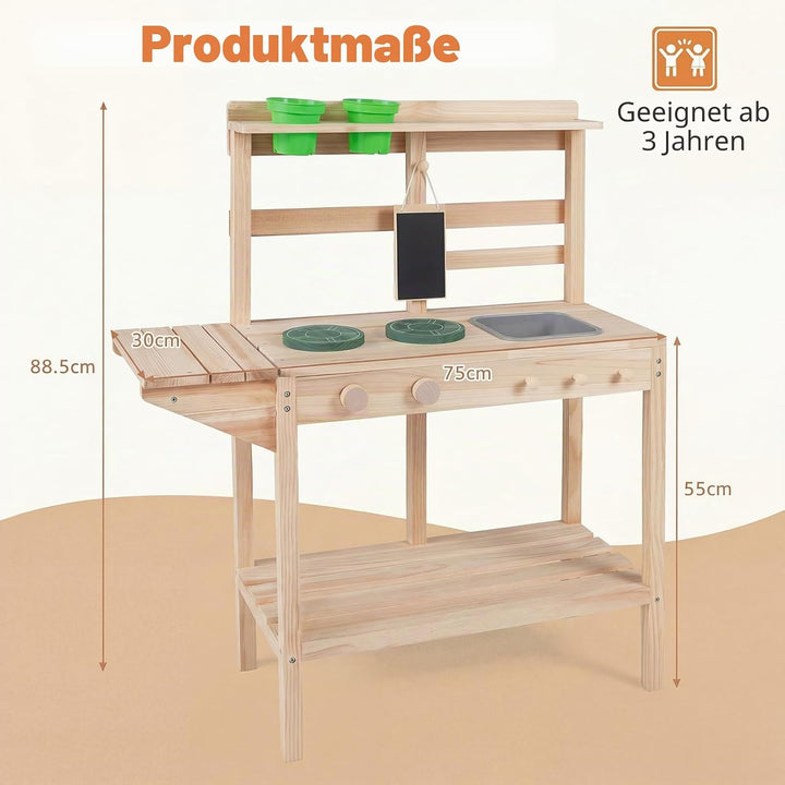 HOMASIS Kinderspielküche, Outdoor-Matschküche mit Herd, Spüle, Drehknöpfen und Kreidetafel, Kochspie