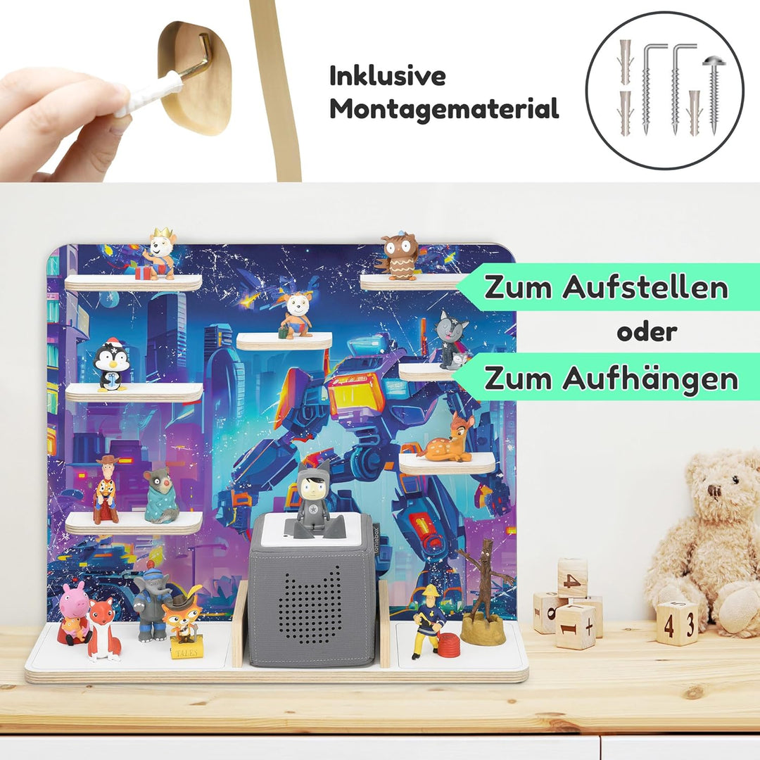 stadtecken Holzregal für Musikbox I Geeignet für die Toniebox und ca. 50 Tonies I Perfekte Tonie Auf