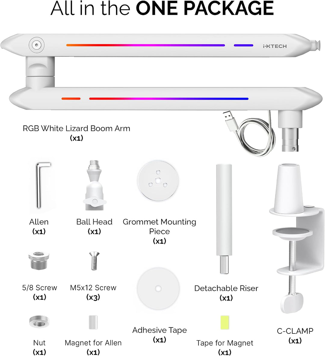 IXTECH RGB Low Profile Galgenarm für Mikrofon, verstellbarer Mikrofonarmständer mit Tischhalterungsk
