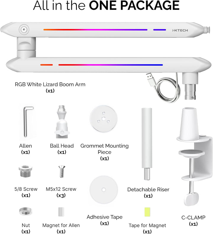 IXTECH RGB Low Profile Galgenarm für Mikrofon, verstellbarer Mikrofonarmständer mit Tischhalterungsk