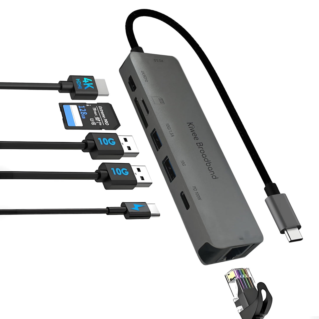 7-in-1 USB-C Hub mit 5G Ethernet, 100W PD-Ladefunktion, 4K HDMI, 2× USB-A 3.2, SD/MicroSD-Kartenlese