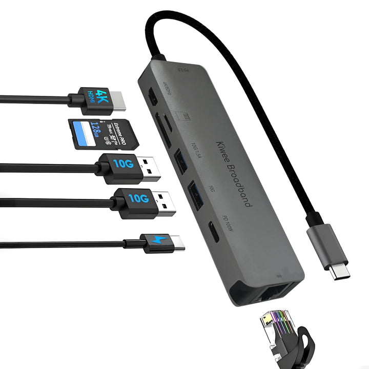 7-in-1 USB-C Hub mit 5G Ethernet, 100W PD-Ladefunktion, 4K HDMI, 2× USB-A 3.2, SD/MicroSD-Kartenlese