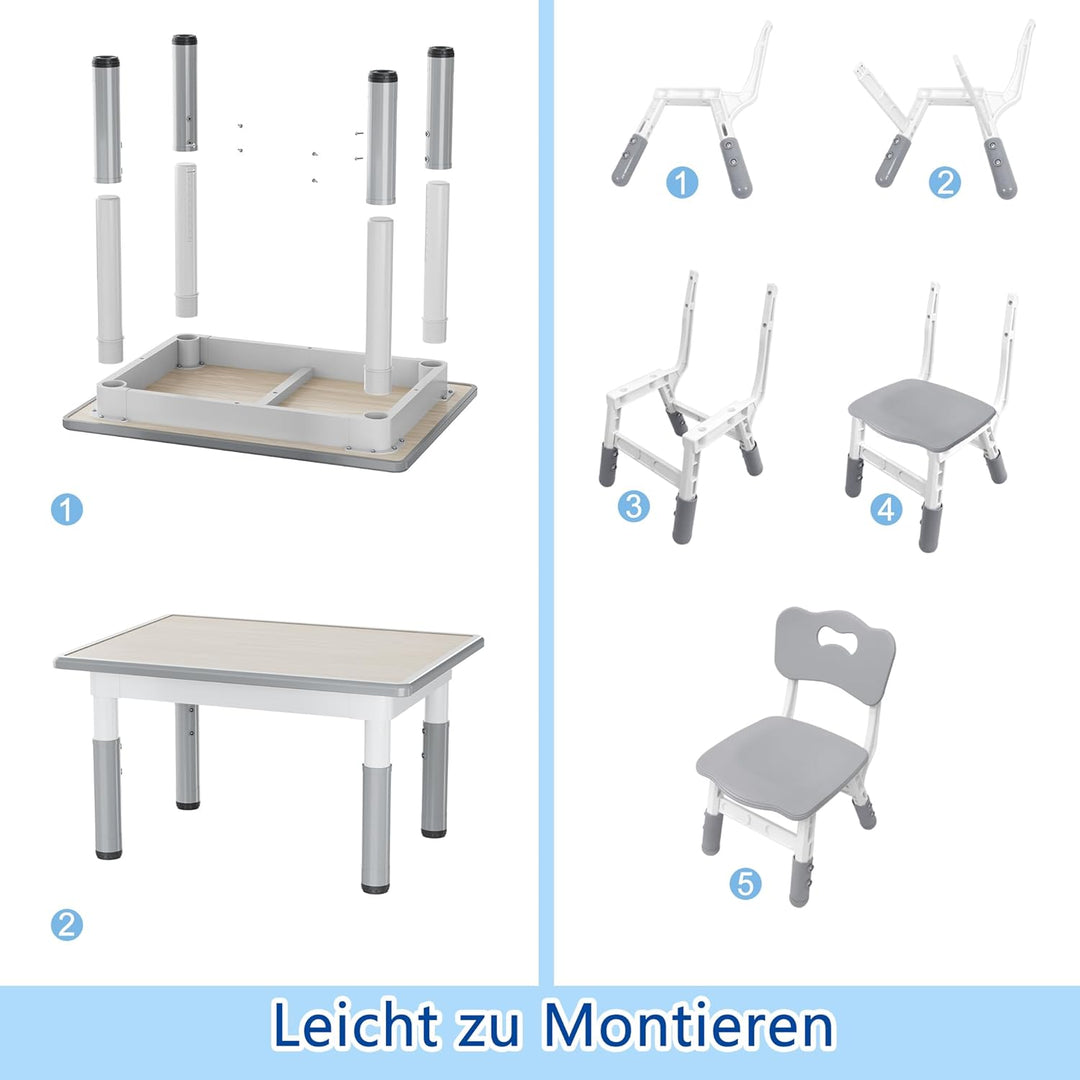 AufuN Kindertisch mit 2 Stühlen, Kindertischgruppe mit Verstellbarer Höhe, Kinderzimmertisch & -stuh