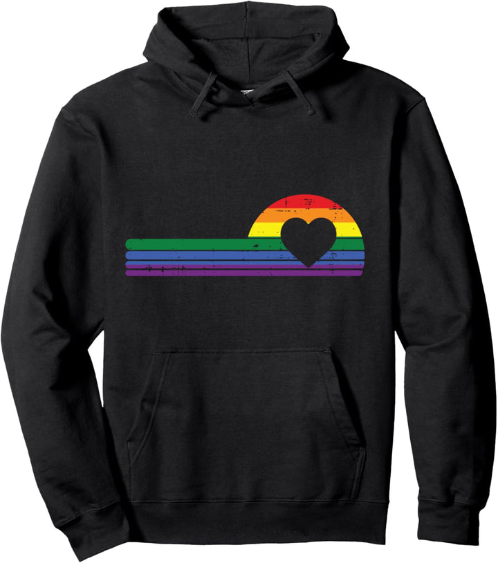 Retro Heart Love LGBTQ Rainbow Flag Gay Pride Proud Ally Pullover Hoodie