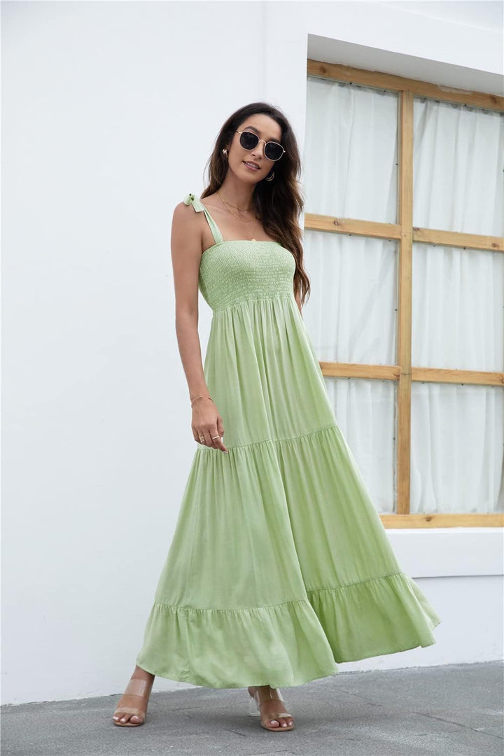 Kinstel Damen Sommer Boho Spaghetti Strap Square Neck Rüschen Casual Flowy Langes Kleid Strand Swing