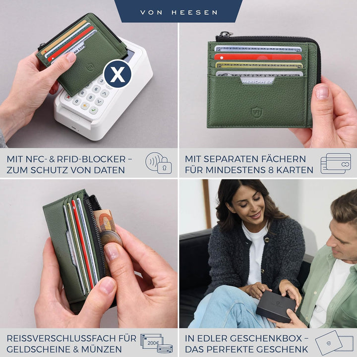 VON HEESEN Leder Kartenetui Geldbörse Herren & Damen Kreditkartenetui (Medium, Grün) Grün 02, Grün 0