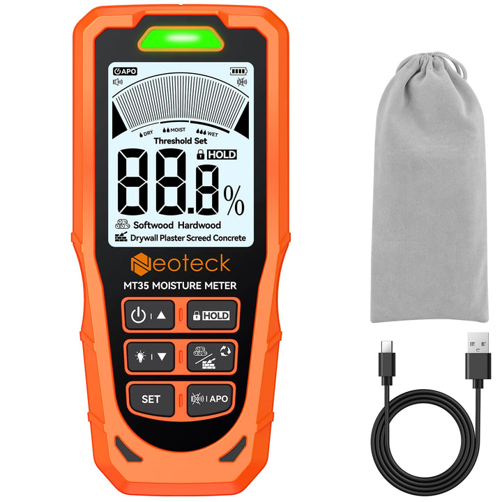 Neoteck Pinless Feuchtigkeitsmesser Digitaler Feuchtigkeitsmesser mit 3-farbigem LCD-Warnsystem, aku