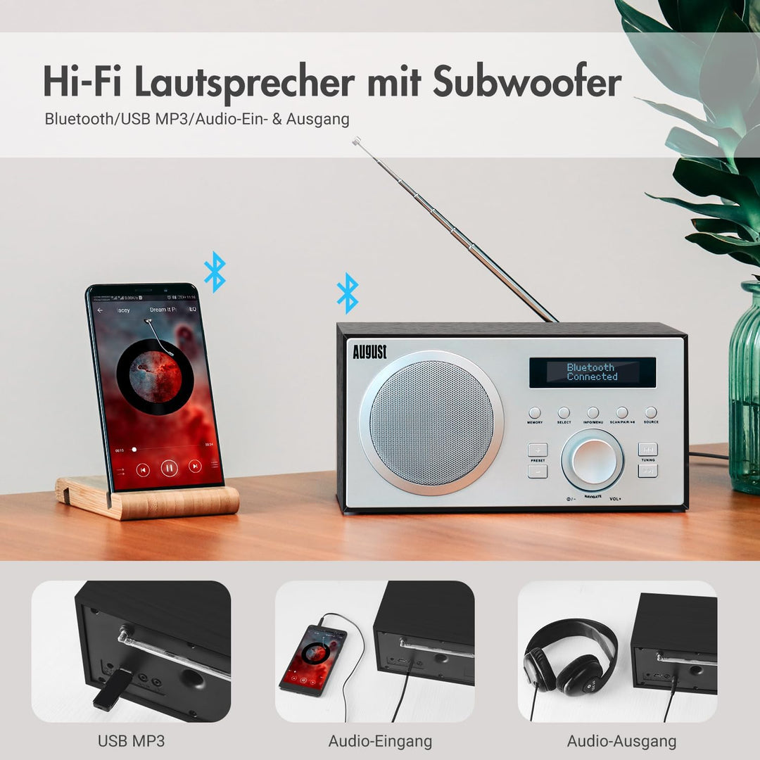 DAB+/FM Radio mit Bluetooth-August MB420-Digitales Küchenradio Holzgehäuse RDS-Funktion 60 Presets H