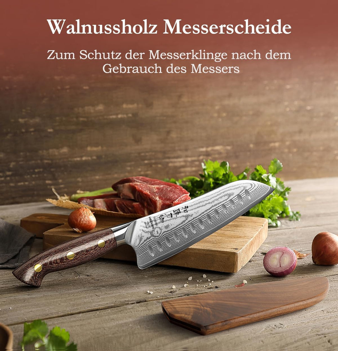 HEZHEN Santokumesser im Japanischen Stil，Echter Damaststahl Kochmesser mit Holzmesserscheide, Chines