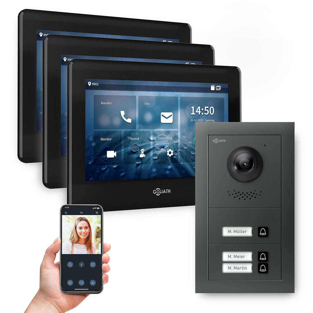 Goliath Hybrid | 2-Draht | Full-HD Video Türsprechanlage | App | 3-Fam | 3 x Full-Touchscreen 7" | A