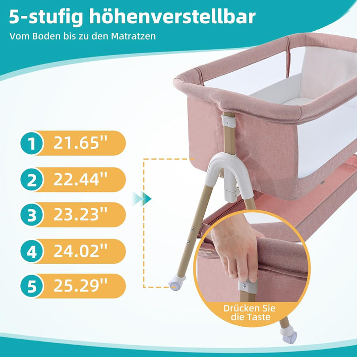3 in 1 Beistellbett Baby, Tragbar reisebett Baby mit matratze Höhenverstellbar Bettchen Verstellbare