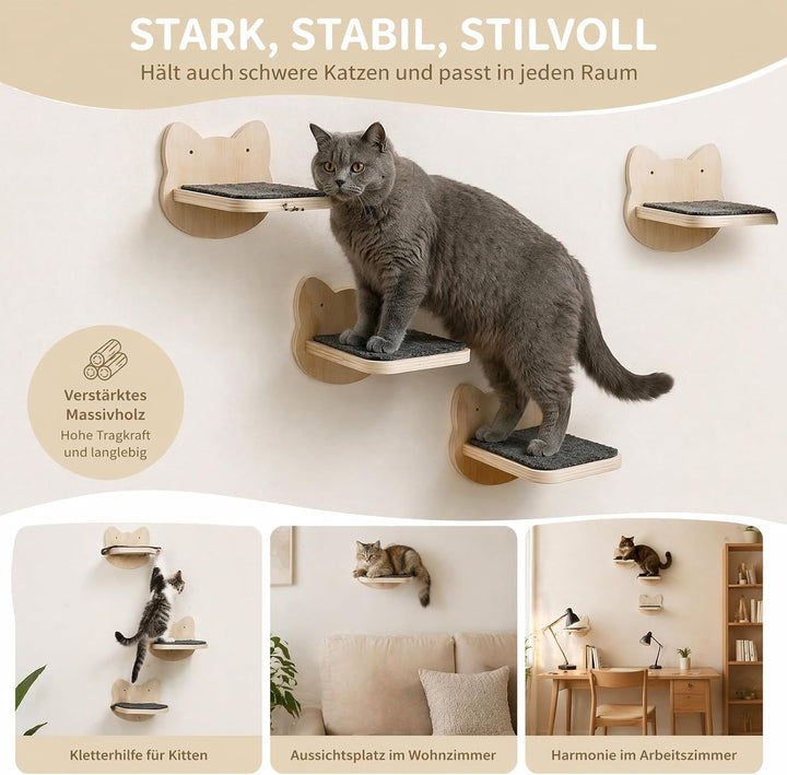 Katzentreppe Wand 4pcs - Kletterwand für Katzen im Katzenkopf-Design, Stabile Katzentreppe bis 30 kg