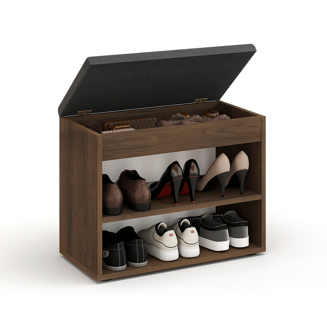 KOMTO Schuhbank mit Sitzfläche - Schuhregal Bank mit Stauraum Nussbaum 60 x 48 x 32 cm Kleiner Schuh
