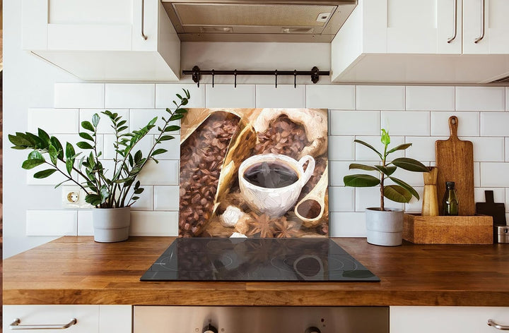 Kaffeebohnen Herdabdeckplatte & Spritzschutz aus Echtglas | Für Herd-Kochfelder | 60x52 cm