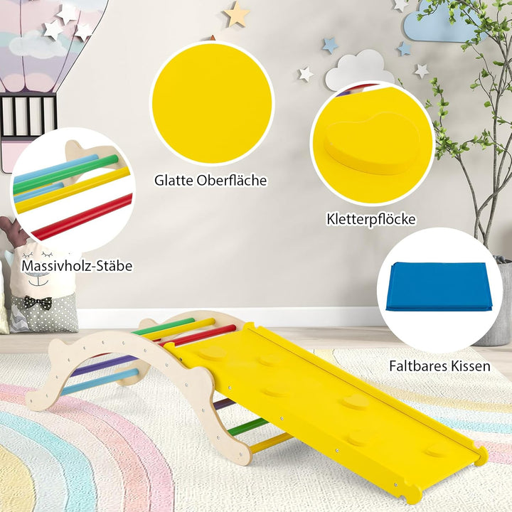 COSTWAY Kletterbogen mit Kissen, Kletterdreieck mit Rutsche Holz, 3 in 1 Klettergerüst Indoor zum Ru