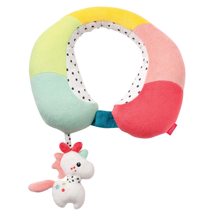 Fehn Nackenstütze Einhorn – Nackenkissen mit kleinem Rassel-Tier – Ergonomische Form des Nackenhörnc