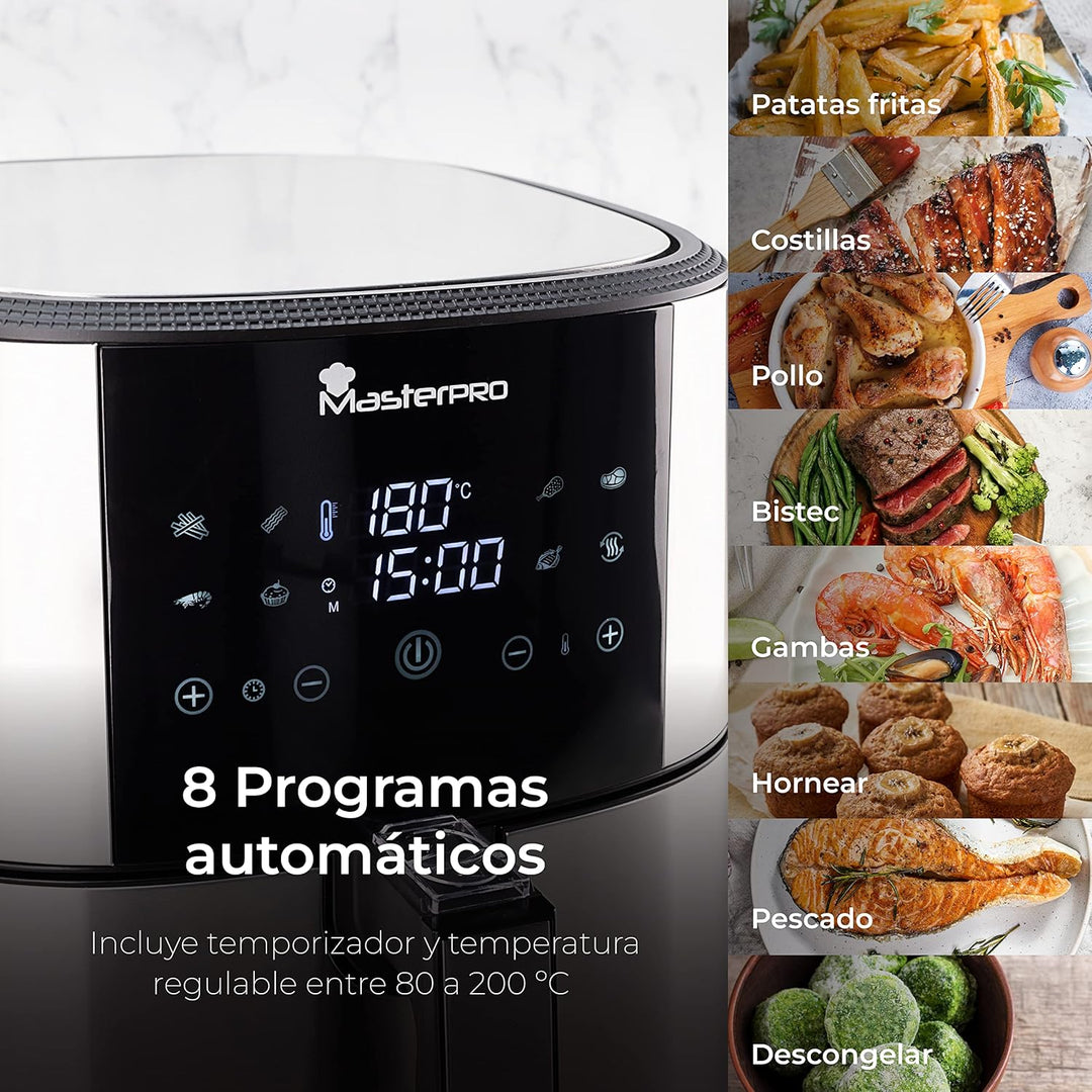 MasterPro Foodies | Ölfreie Fritteuse 6L 1800W mit Ölsprüher | LED-Touchscreen und Antihaft-Korb | L
