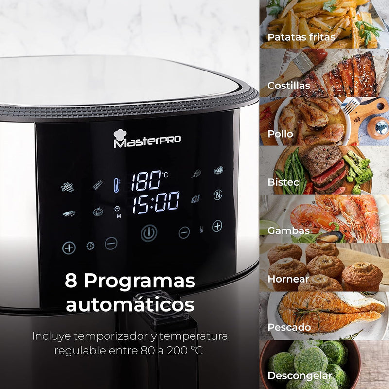 MasterPro Foodies | Ölfreie Fritteuse 6L 1800W mit Ölsprüher | LED-Touchscreen und Antihaft-Korb | L
