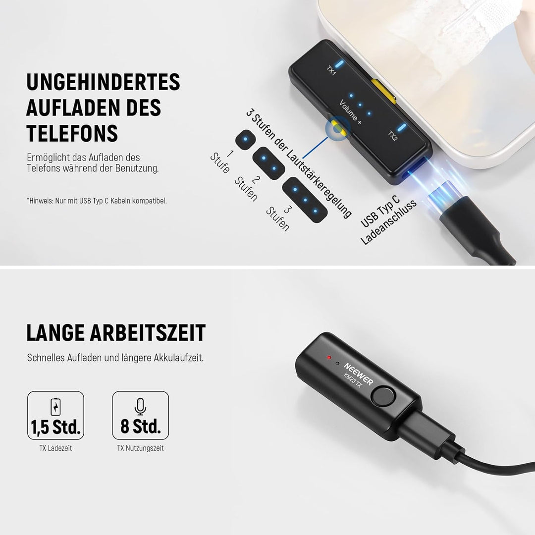 NEEWER Kabelloses Lavalier Mikrofon Set für USB C, Mini Ansteckmikrofon mit Geräuschunterdrückung un