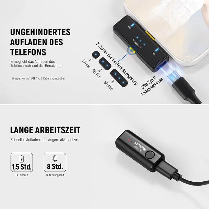 NEEWER Kabelloses Lavalier Mikrofon Set für USB C, Mini Ansteckmikrofon mit Geräuschunterdrückung un