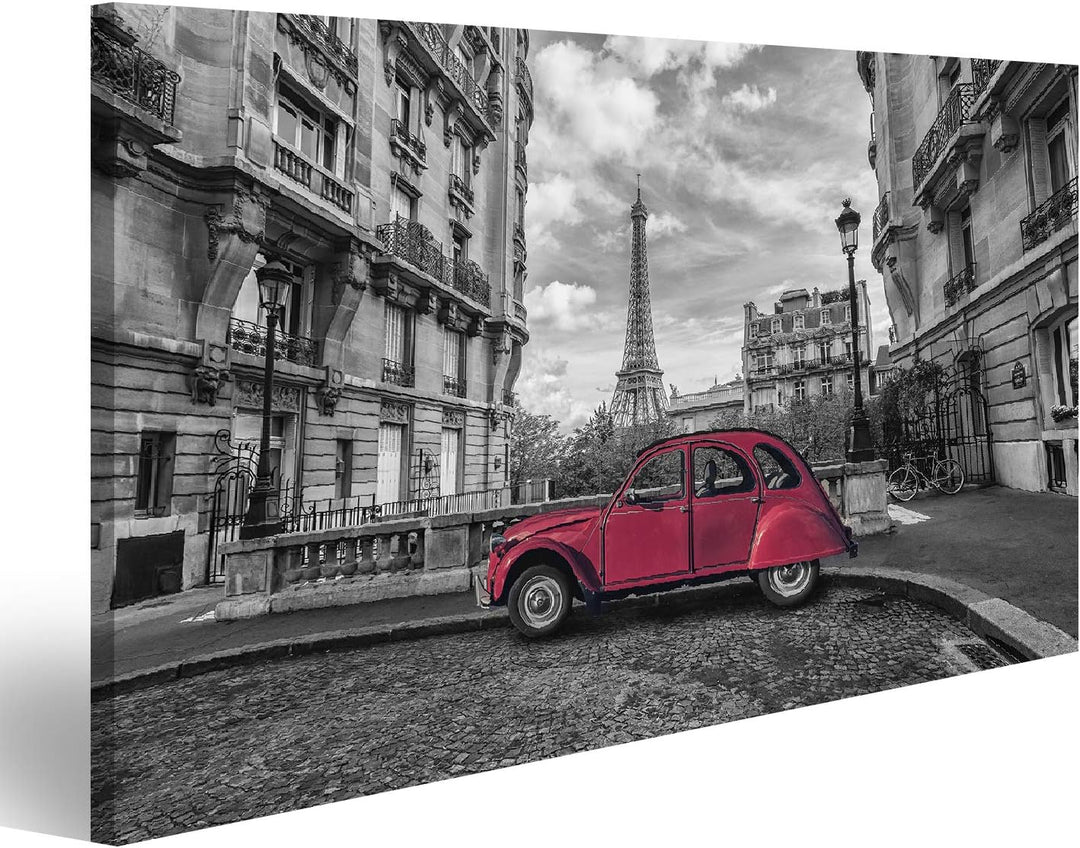 Bild Bilder auf Leinwand Eiffelturm in Paris und roter Retrowagen in schwarz-weissem Farbschlüssel W