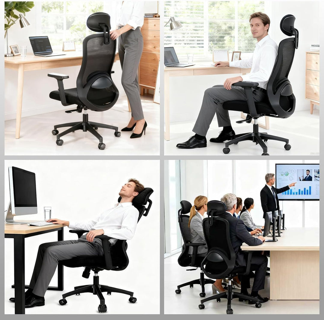 Bürostuhl, Ergonomischer Bürostuhl mit Verstellbarer 4D Lendenwirbelstütze, Schreibtischstuhl mit Ko