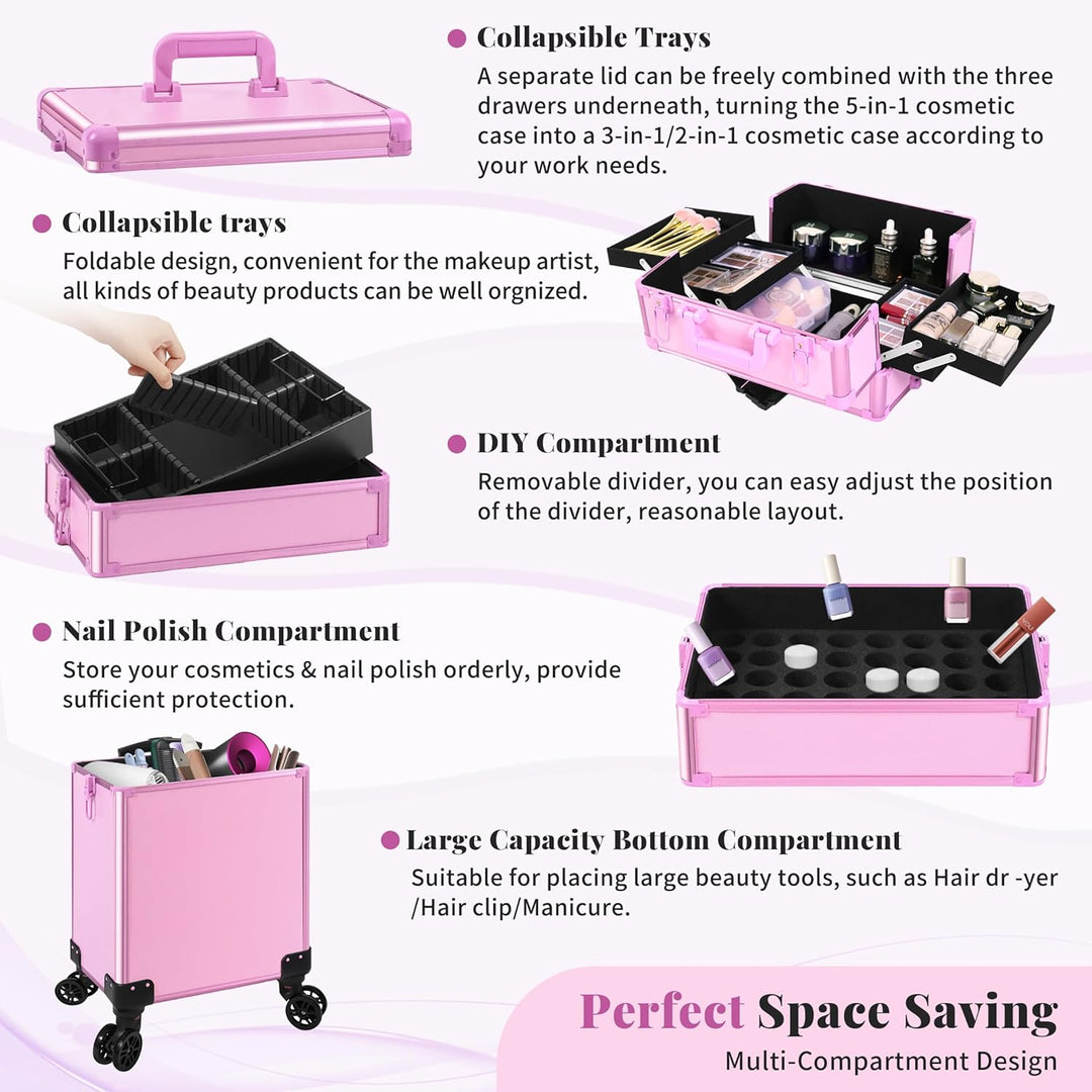 Arous 5-in-1-Kosmetik-Trolley mit Rollen, für Reisen, abschliessbar, mit Rädern, für Friseure, Künst