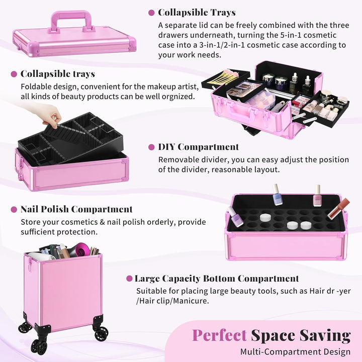 Arous 5-in-1-Kosmetik-Trolley mit Rollen, für Reisen, abschliessbar, mit Rädern, für Friseure, Künst