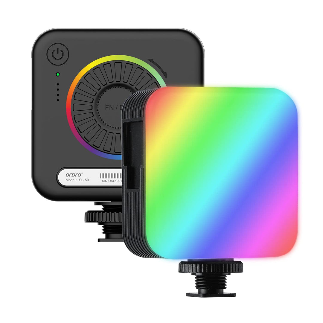 ORDRO SL-50 RGB LED Videoleuchte, Mini LED Kameraleuchte mit 108 LEDs, 3 Kaltschuhhalterungen, Wiede
