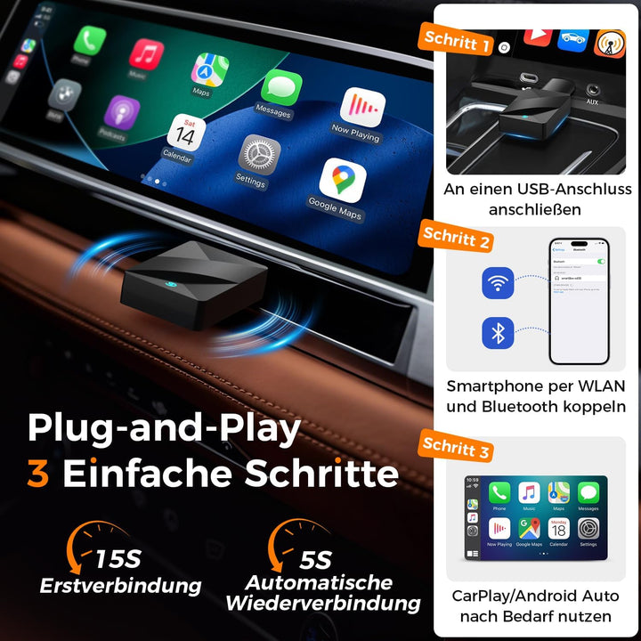 VOSFFEL Wireless Adapter Für CarPlay/Android Auto Kabelgebunden auf kabellos, CarPlay Wireless Adapt