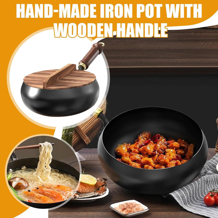 Eisentöpfe zum Kochen, multifunktionaler Wok mit flachem Boden, Holzgriff, 24 cm Durchmesser, Eisen-
