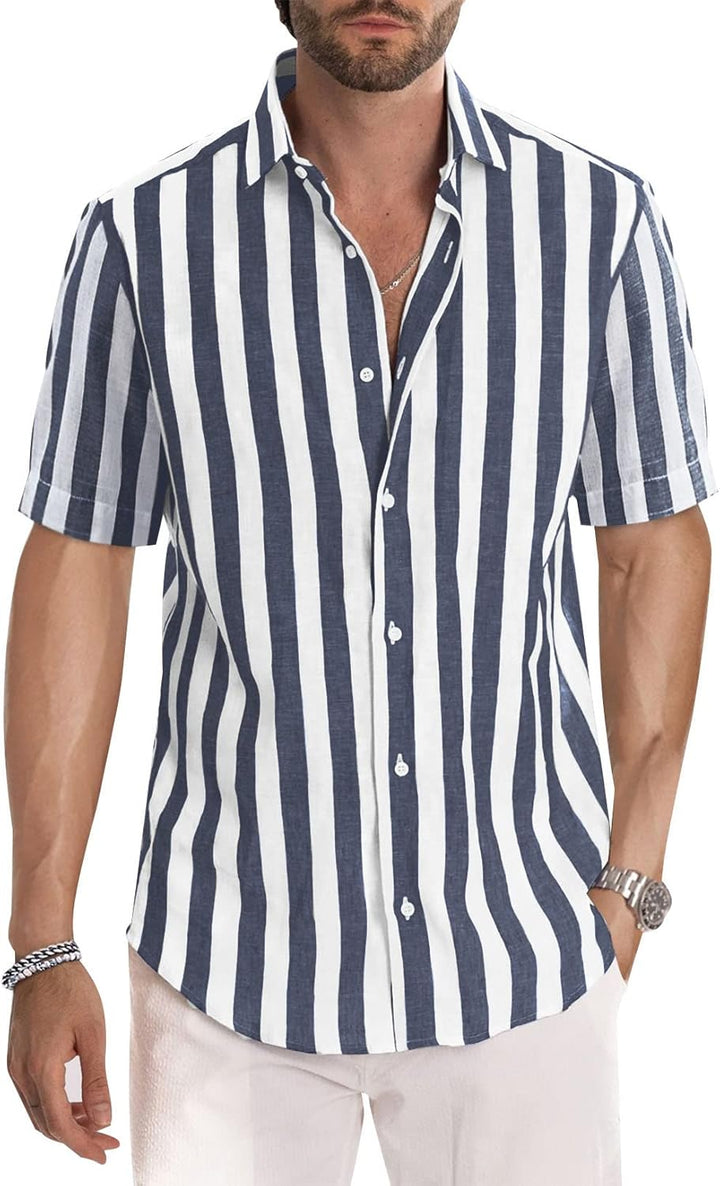 Meilicloth Gestreiftes Hemd Herren Kurzarm Freizeithemd Sommer Casual Regular Fit B Navy Blau Weiss