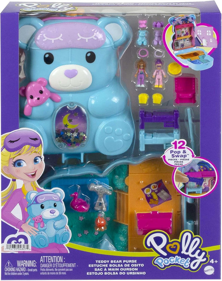 Polly Pocket HGC39 - Teddy Bär Handtaschen-Spielset, Ãœbernachtungsthema Mit 2 Micro Puppen Und 16 A