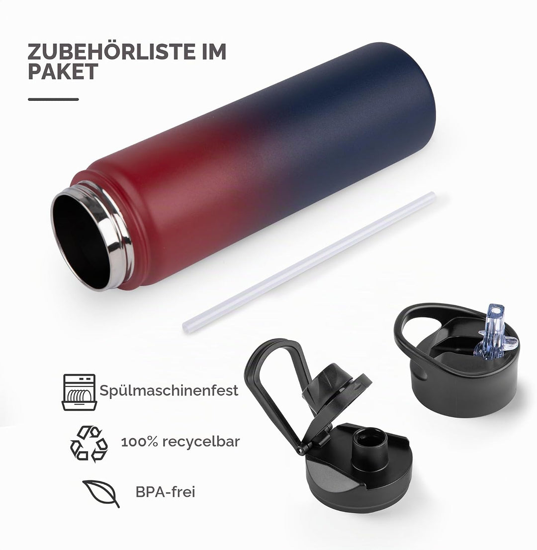 Edelstahl Trinkflasche - 750ml - mit Strohhalm,Auslaufsicher,Kohlensäure Geeignet,BPA frei Thermosfl