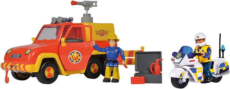 Simba - Feuerwehrmann Sam - Pick-Up Venus & Polizeimotorrad - 2 Figuren - Wasserstrahl- und Soundfun