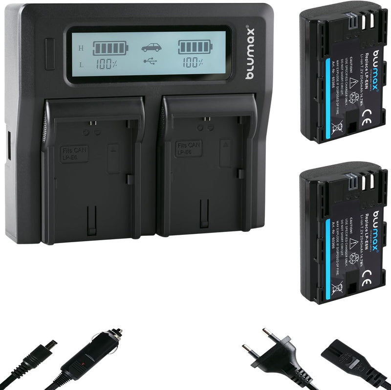Blumax 2X Akku ersetzt Canon LP-E6N 2040mAh + Doppel-Ladegerät Dual | kompatibel mit Canon EOS-R, EO